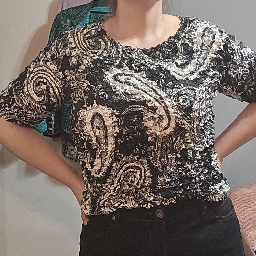 Y2K Paisley Popcorn Black and White Textured Blouse